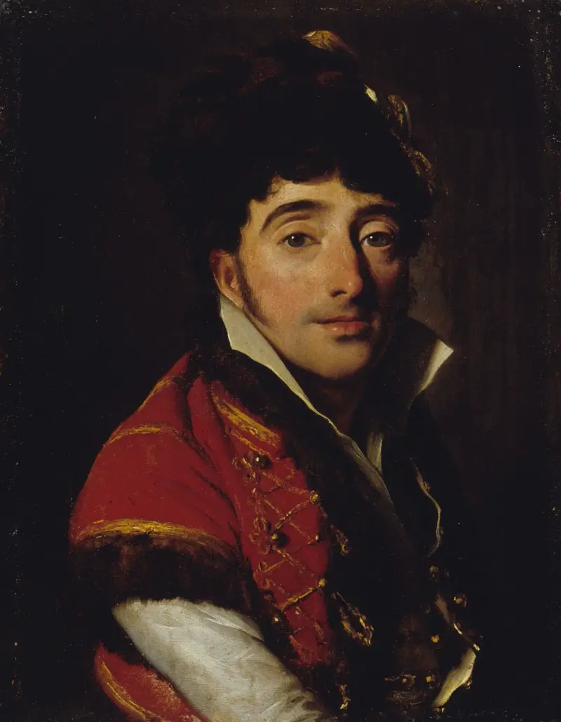 Portrait d’un acteur, en veste rouge bordée de fourrure av Louis-Léopold Boilly