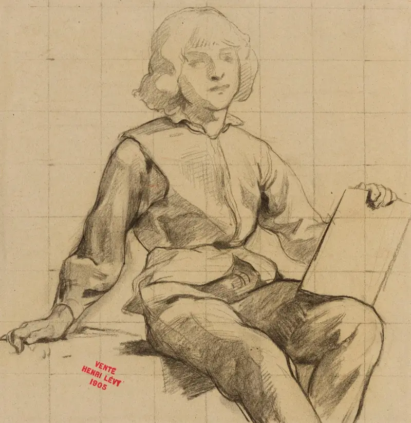 Etude de jeune homme assis tenant une tablette av Henri Leopold Lévy