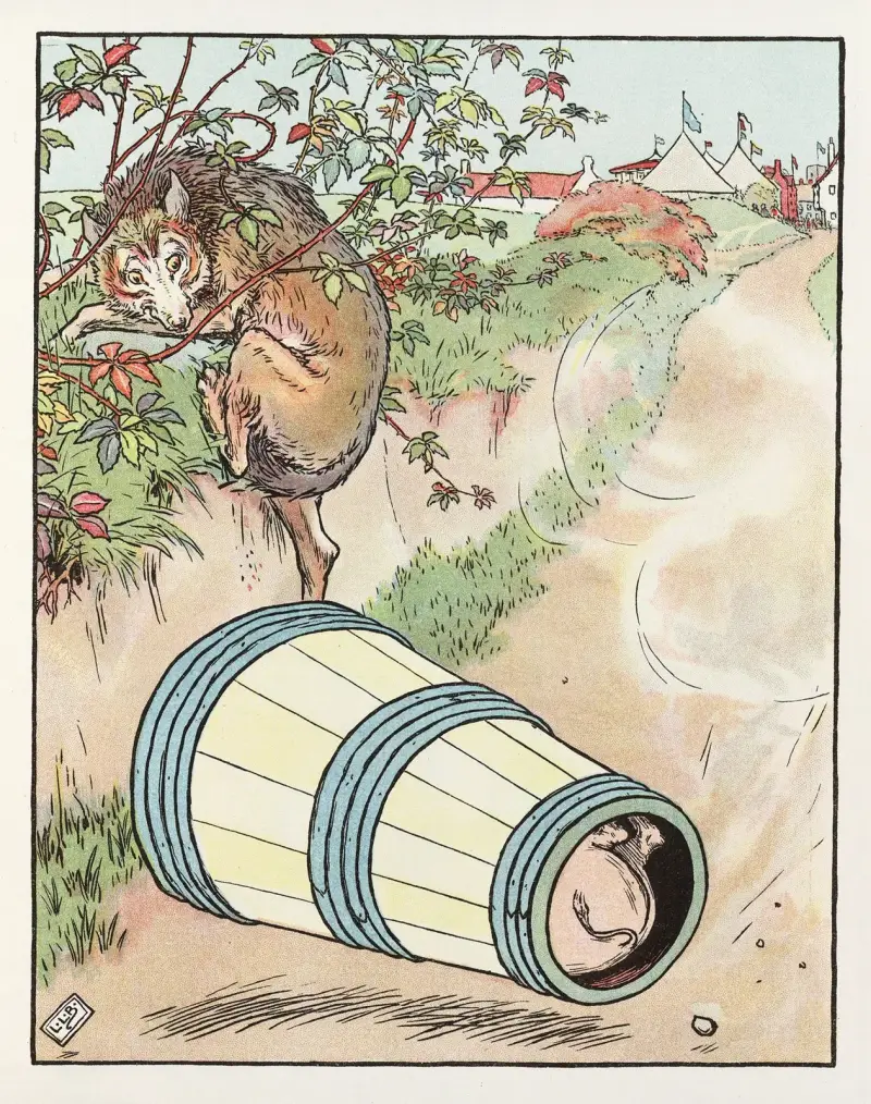 Pig rolls down the hill in a barrel av Leonard Leslie Brooke