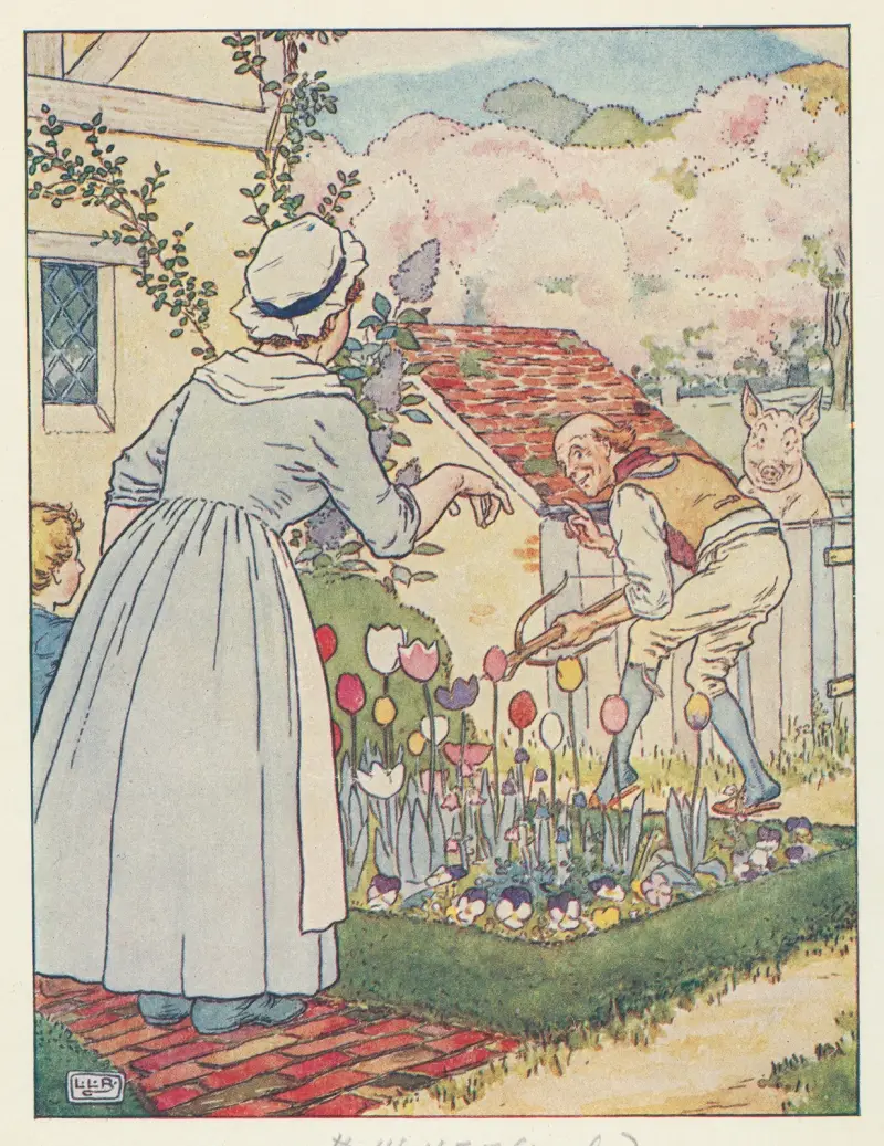 Kvinna och man i trädgård. av Leonard Leslie Brooke