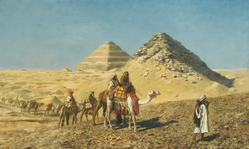 Karavan velbloudů mezi pyramidami, Egypt, Edwin Lord Weeks