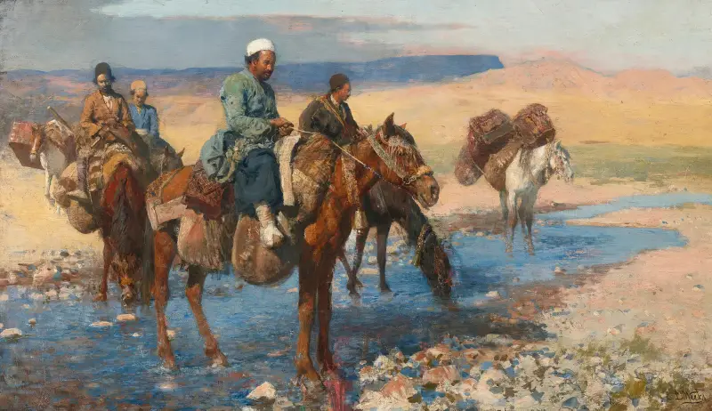 Horses At The Ford – Persia av Edwin Lord Weeks
