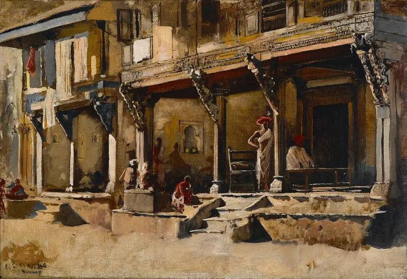Merchants along a street in Bombay av Edwin Lord Weeks