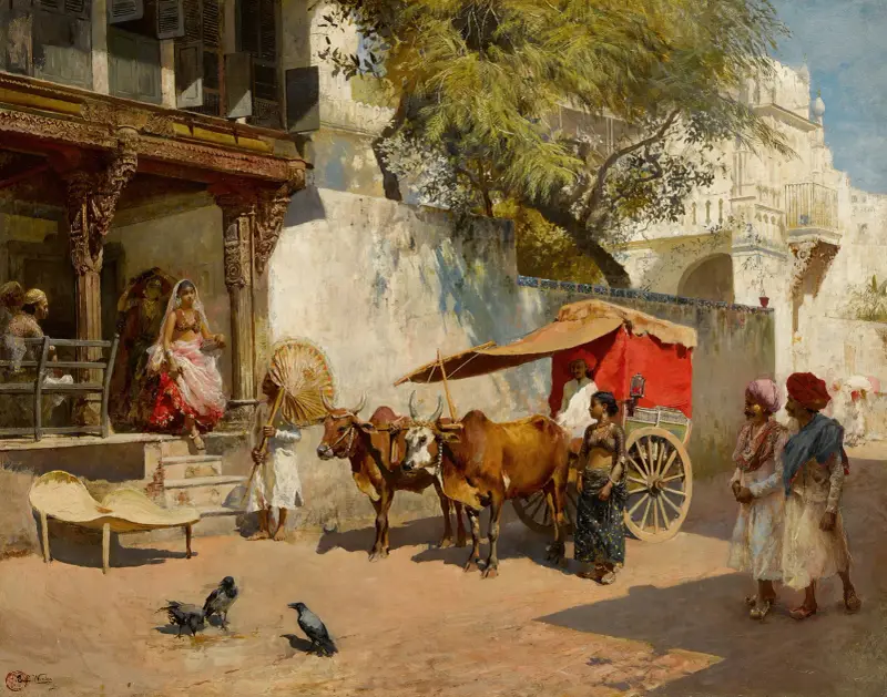 Tanzmädchen und Ochsenkarren, Ahmedabad (Gujarat, Indien) von Edwin Lord Weeks