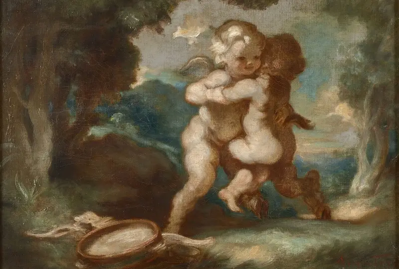 Amour ailé lutinant avec jeune faune av Louis Anquetin