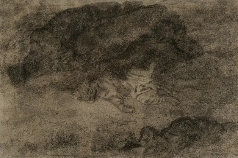 A tiger sprawling among the rocks av Antoine-Louis Barye