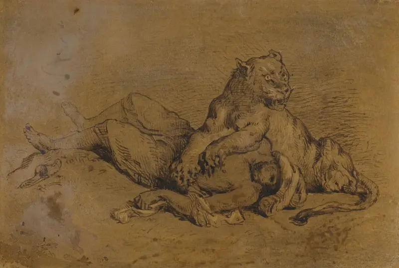 Lejon som sliter upp bröstet på en arab, efter Delacroix av Antoine-Louis Barye