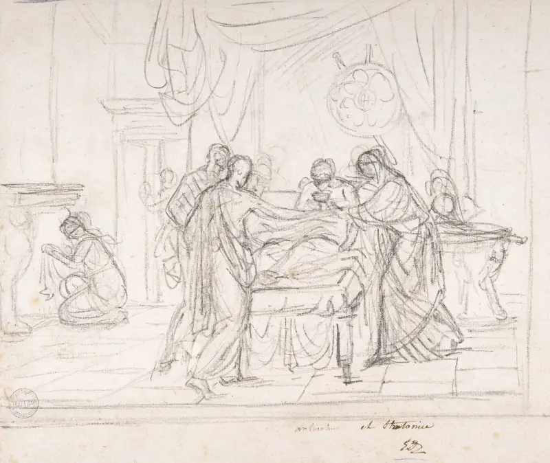 Scen ur antikens historia; bägare bjuden till en sjukling av Jacques Louis David