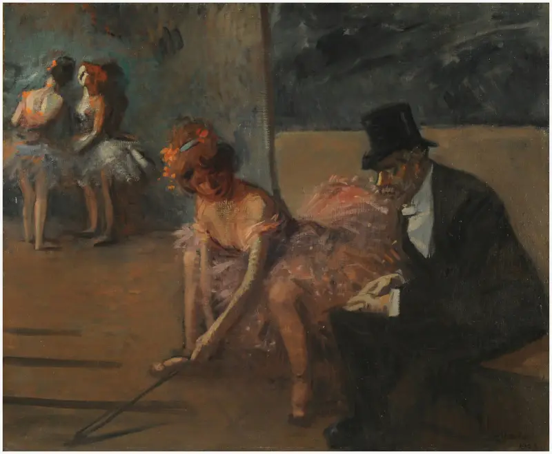Dansös och beundrare bakom scenen av Jean-Louis Forain