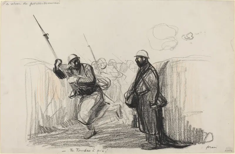 Le retour du permissionnaire. -Tu Tombes a pie! av Jean-Louis Forain