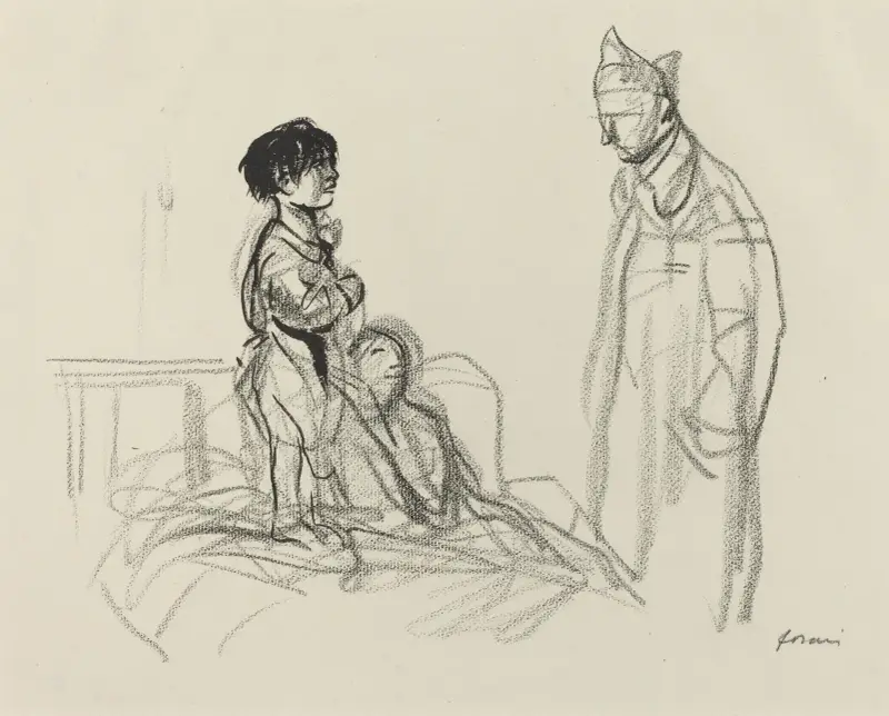 Mor och barn på sjukhus besöks av soldat av Jean-Louis Forain