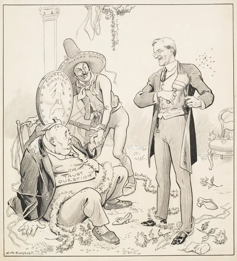 Ein lächelnder Präsident Woodrow Wilson klopft sich nach einer Hochzeitsfeier ab und wendet sich an drei müde Gestalten von Louis Glackens