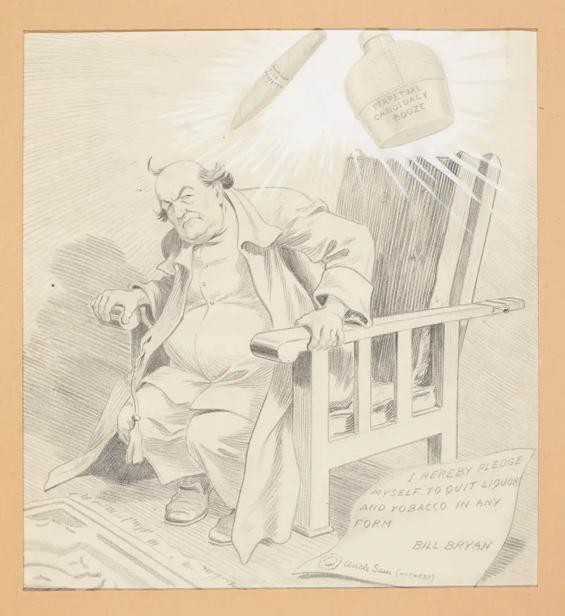 Bill Bryan seated in a chair with a bottle (Perpetual booze candidacy) von Louis Glackens