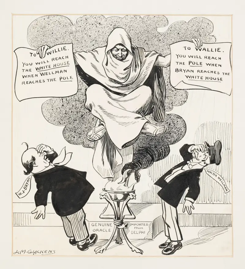 Orakel („Echtes, aus Delphi importiertes Orakel“) mit gekreuzten Beinen in einer Rauchwolke sitzend von Louis Glackens