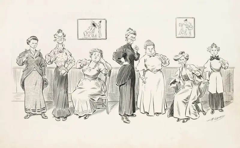 Seven female harridans, of which two are seated in chairs von Louis Glackens