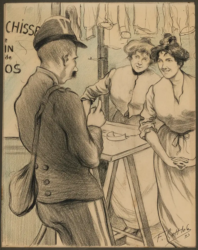 Militär och kvinnor i ett tvättinrättning av Fernand Louis Gottlob