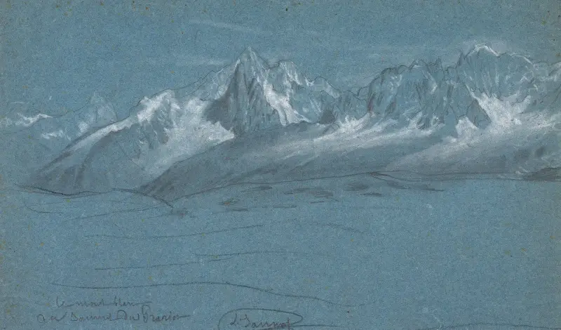 Vy över Mont Blanc-massivet från toppen av Prarion, Chamonix av Louis Janmot