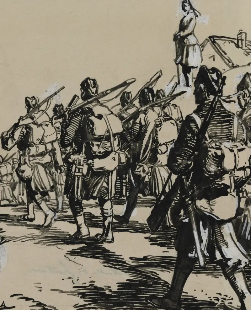 Gränsslaget: grupp brittiska soldater av Auguste Louis Lepère