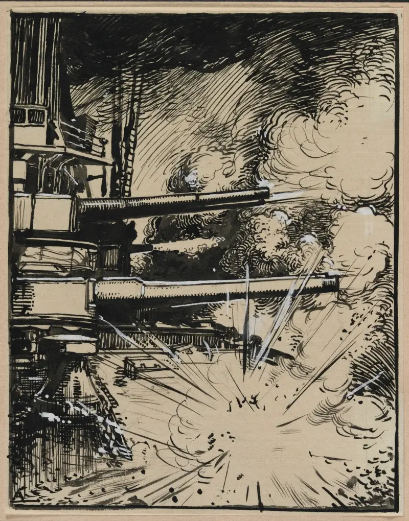 Bombe explosant sur un cuirasse aux canons braques av Auguste Louis Lepère