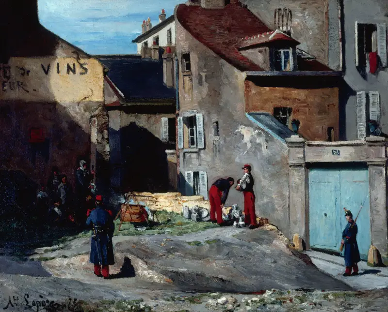 Episod från Pariskommunen, Rue des Rosiers, Montmartre av Auguste Louis Lepère