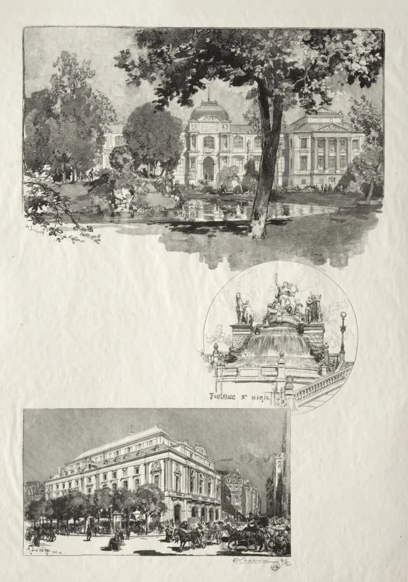 Das Museum; Fontaine Ste-Marie; Le Théâtre des Arts von Auguste Louis Lepère
