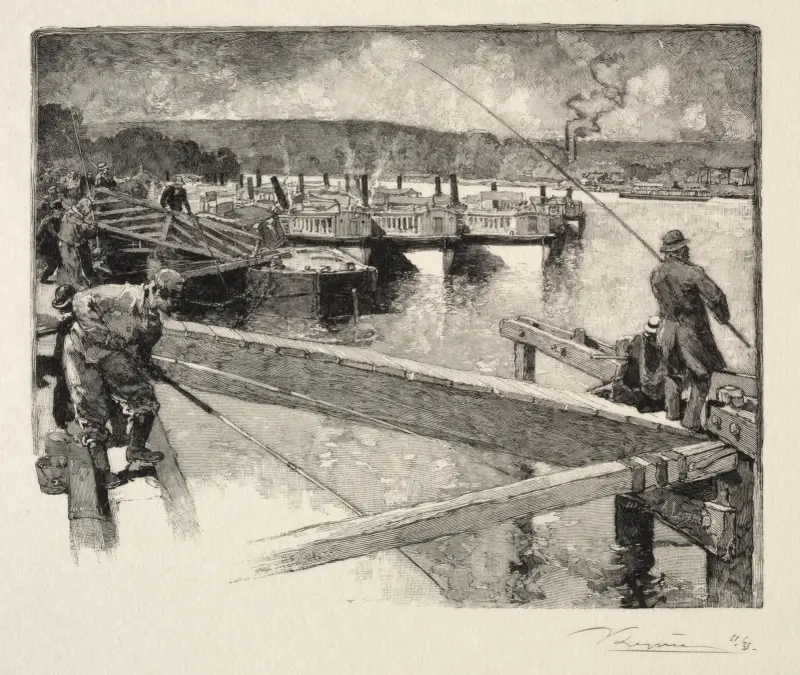 Båtarnas garage (Le garage des bateaux-omnibus) av Auguste Louis Lepère