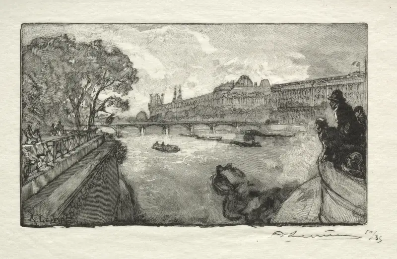 Louvren, sedd från Pont Neuf av Auguste Louis Lepère