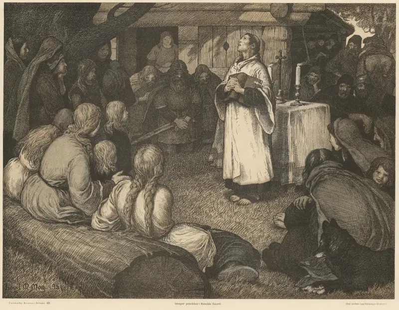 Ansgar prædiker i Haralds gård (Ansgar preaching at the court of king Harald) av Louis Moe