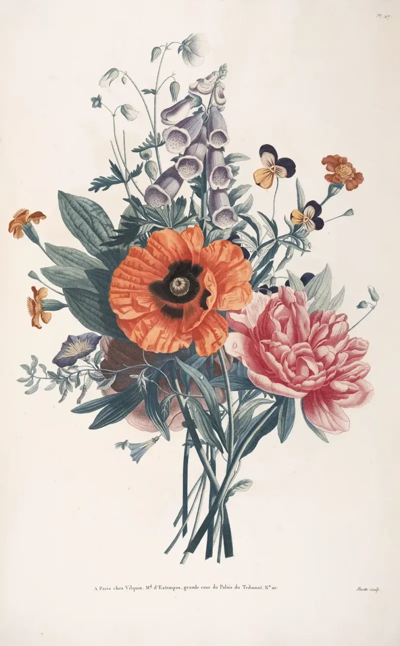 Bouquet de Digitale, Clématite, Pensée, Tagète, Pivoine, Pavot, et Belle-de-jour, ou Liseron tricolor av Jean Louis Prévost