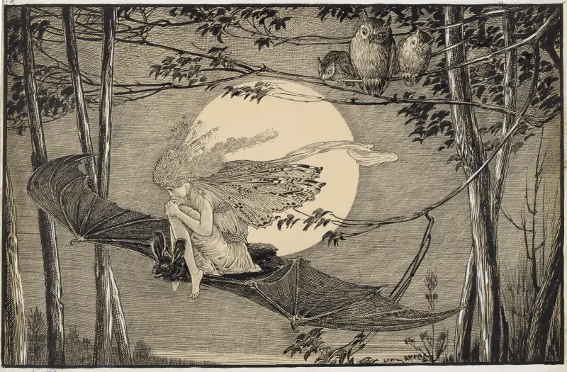 Ariel – auf dem Rücken einer Fledermaus fliege ich, dort ruhe ich, wenn Eulen schreien von Louis Rhead