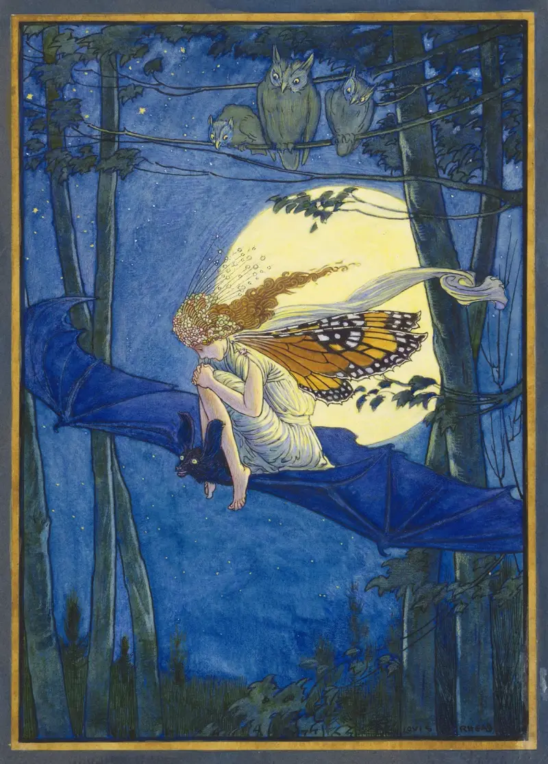 Ariel auf dem Rücken einer Fledermaus von Louis Rhead