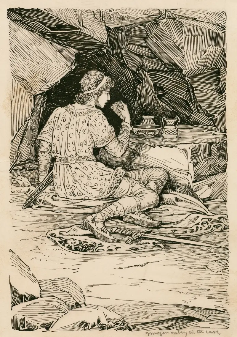 Cymbeline, Imogen beim Essen in der Höhle von Louis Rhead