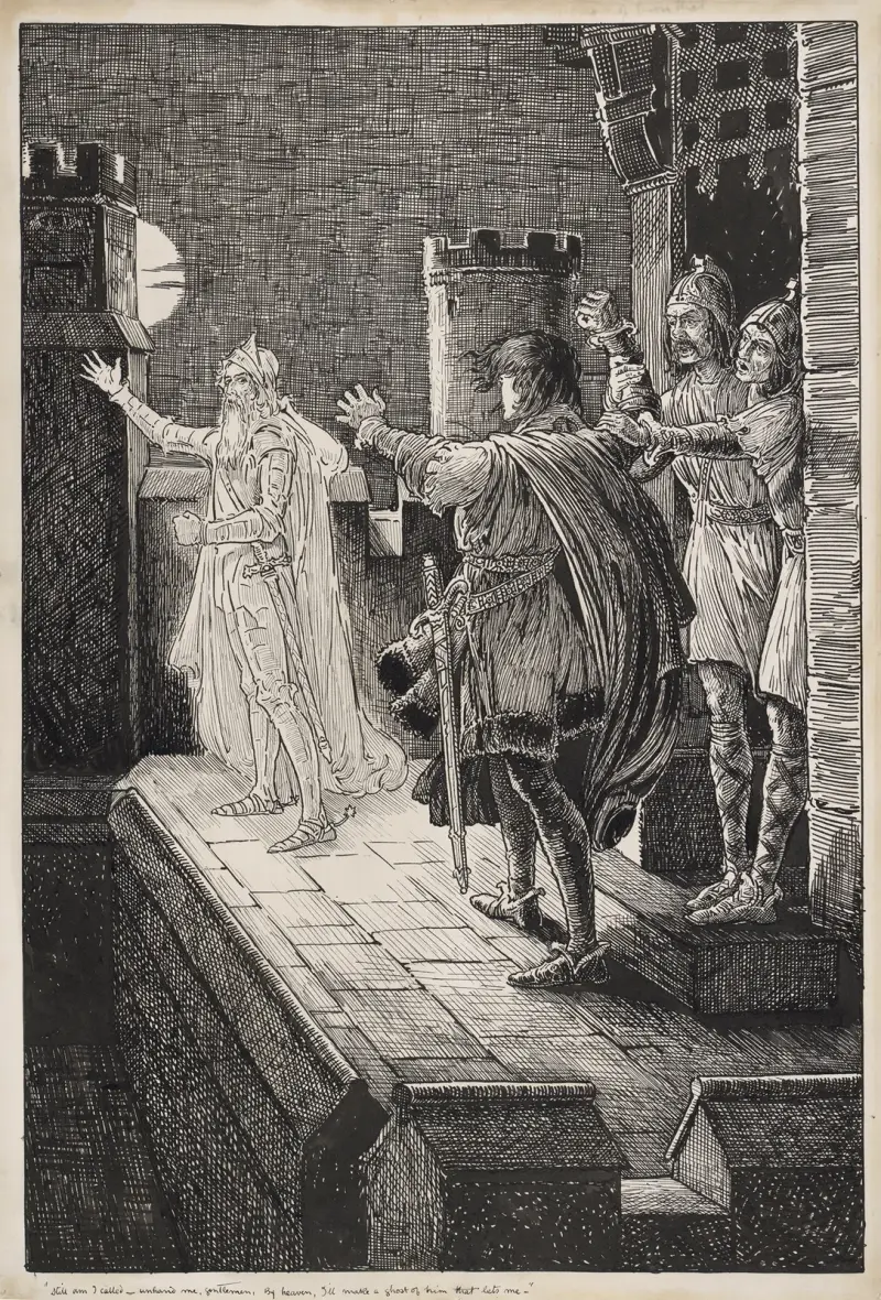 Hamlet. Än kallas jag – släpp mig, mina herrar, vid himlen, jag gör en vålnad av den som hindrar mig av Louis Rhead