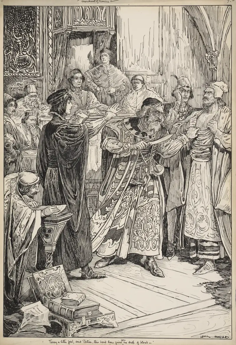 Merchant of Venice. Tarry a little, Jew, said Portia, this bond here gives you no drop of blood av Louis Rhead