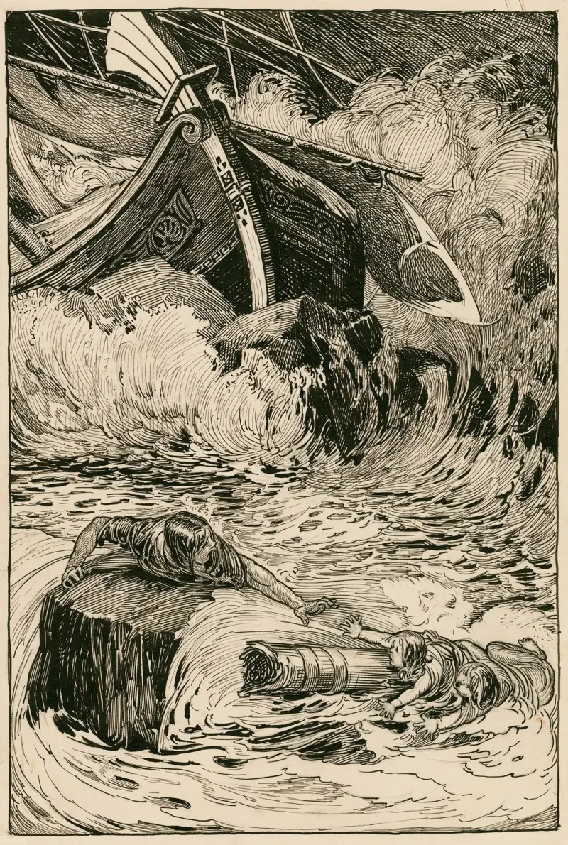 Komödie der Irrungen. Das Schiff zerschellt an einem gewaltigen Felsen von Louis Rhead
