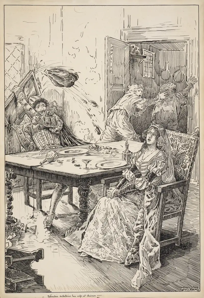 Der Widerspenstigen Zähmung: Petruchio bewirtet seine Frau beim Abendessen von Louis Rhead
