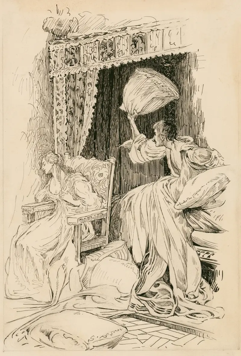 Der Widerspenstigen Zähmung, wie sie die Kissen und Bettwäsche im Zimmer umherwirft, sodass sie sich in einen Stuhl setzen musste von Louis Rhead