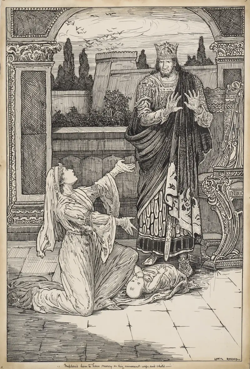 Wintermärchen, „flehte ihn an, sich seiner unschuldigen Frau und seines Kindes zu erbarmen“ von Louis Rhead
