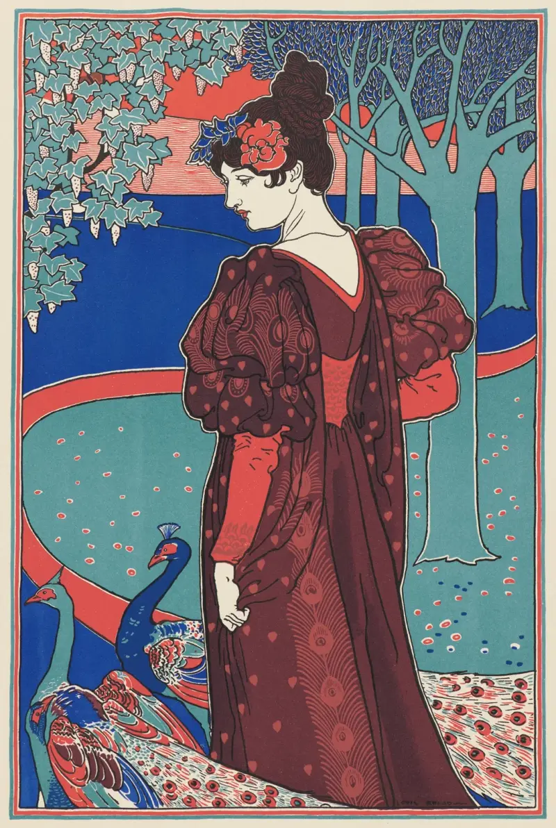 Frau mit Pfauen von Louis Rhead