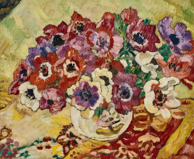 Anemonbukett i vas med fågel mot gul bakgrund av Louis Valtat