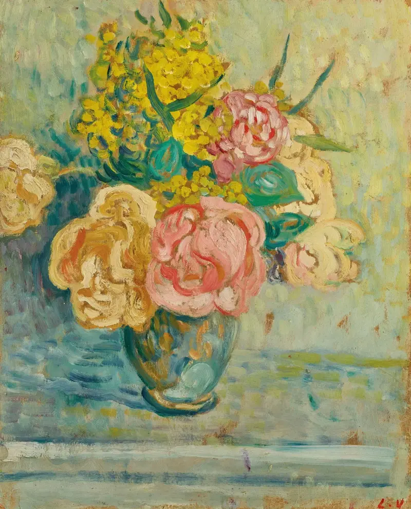 Bukett med rosor och mimosa av Louis Valtat