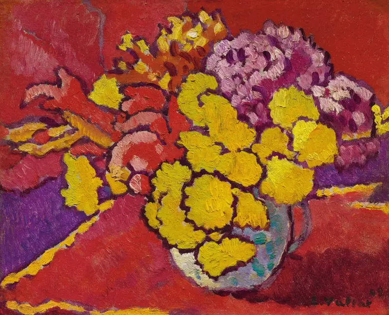 Gula blommor, rött draperi av Louis Valtat