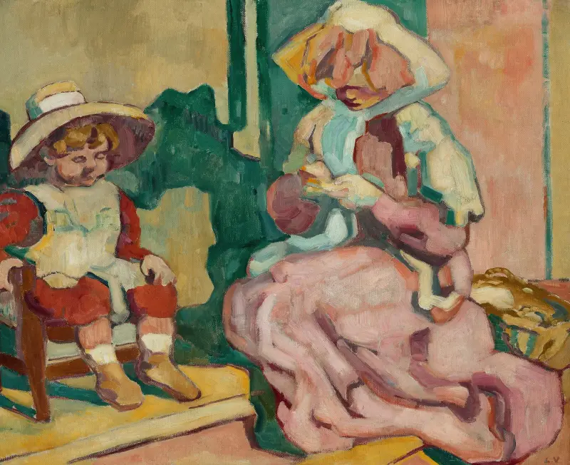 Modern som syr och barnet i fåtöljen av Louis Valtat