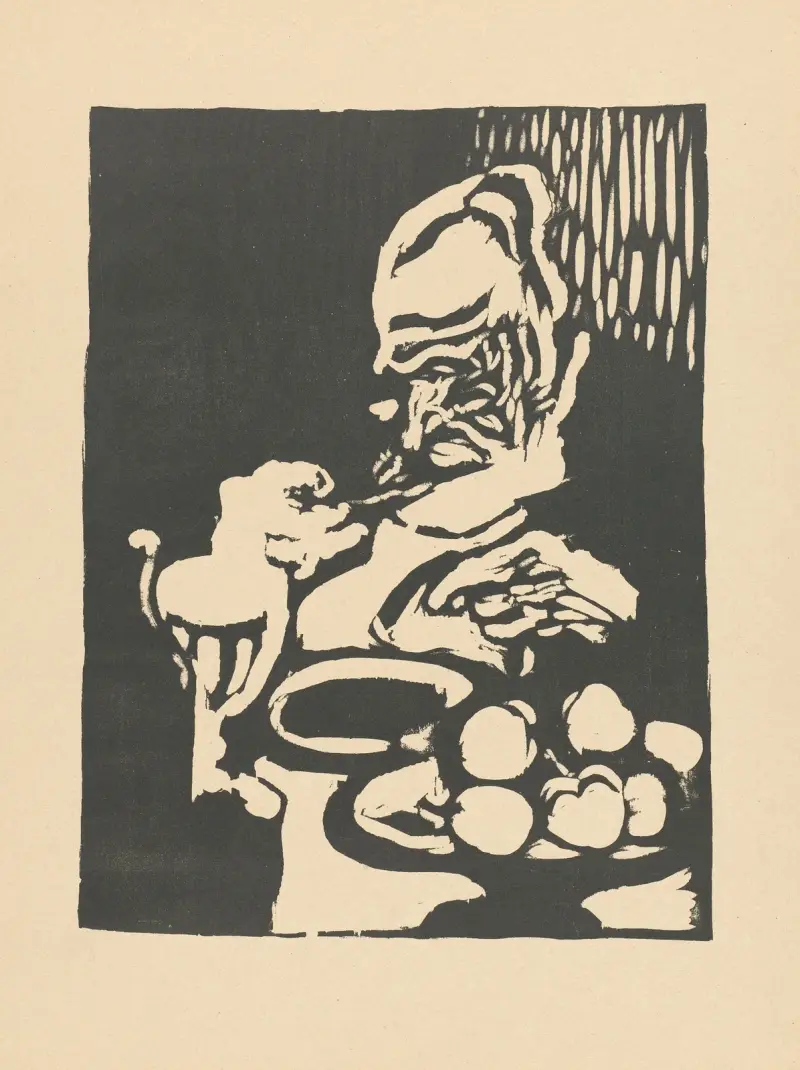 Man som äter vid bord med glas och fruktskål av Louis Valtat