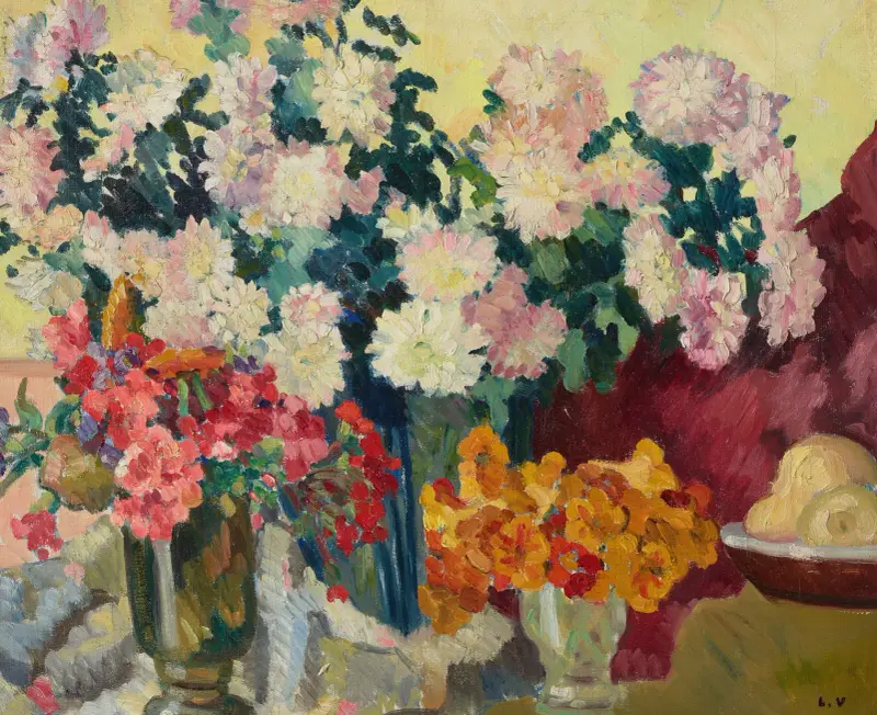 Tre blomvaser, tallrik med äpplen av Louis Valtat