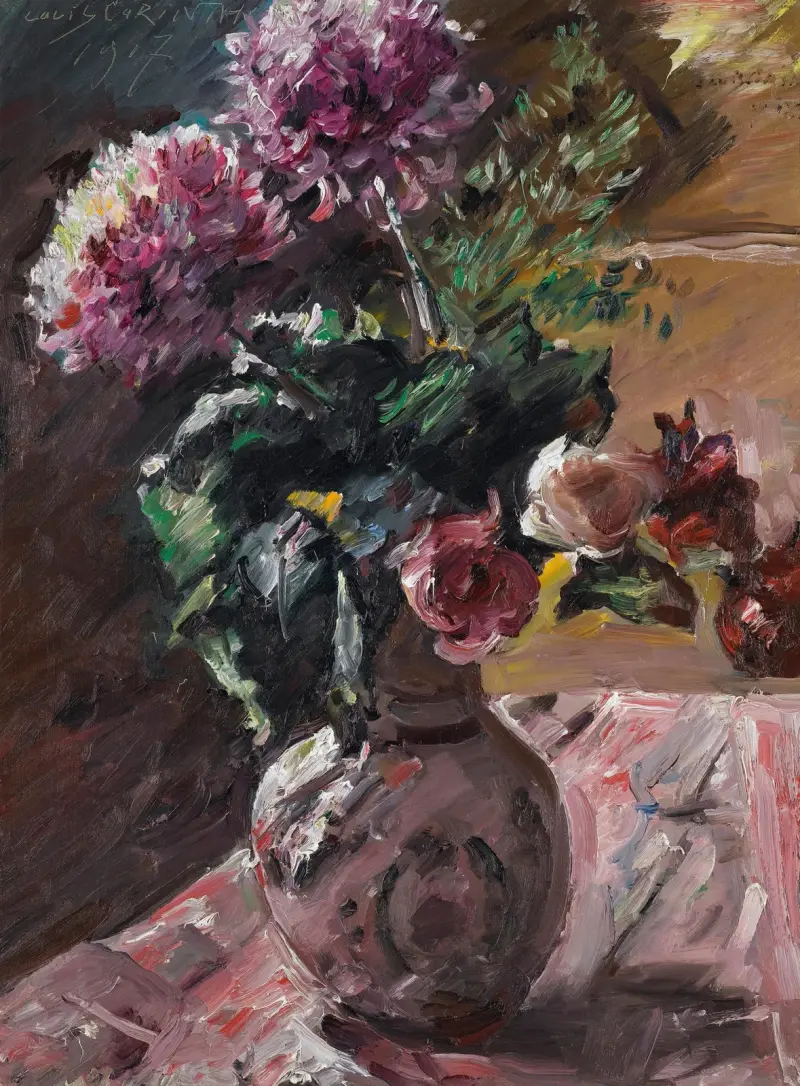Krysantemum och rosor i kanna av Lovis Corinth