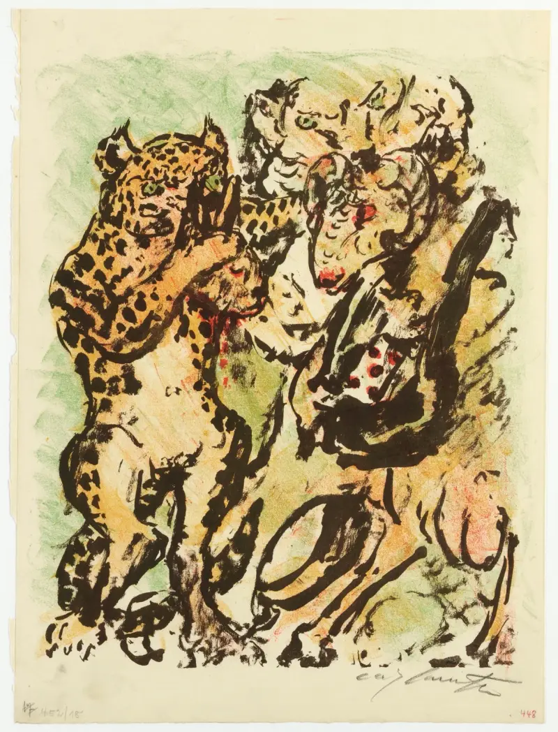 Der Widder Bokert Und Der Kater Hinze Holen Vor König Nobel Den Kopf Des Ermordeten Hasen Lampe Aus Dem Sack av Lovis Corinth