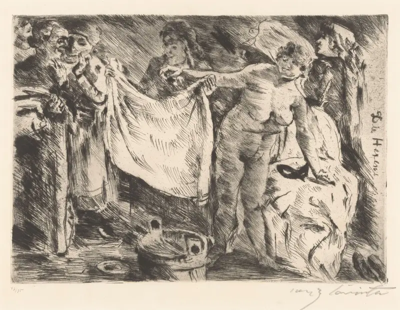 Grupp kvinnor, varav en naken och en annan som håller upp ett tygstycke av Lovis Corinth
