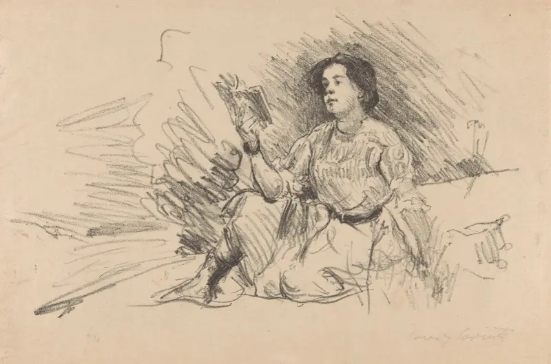 Läsande flicka sittande på marken av Lovis Corinth