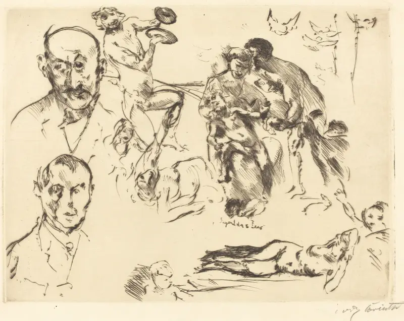 Blad med skisser, bland annat en av Max Liebermann av Lovis Corinth